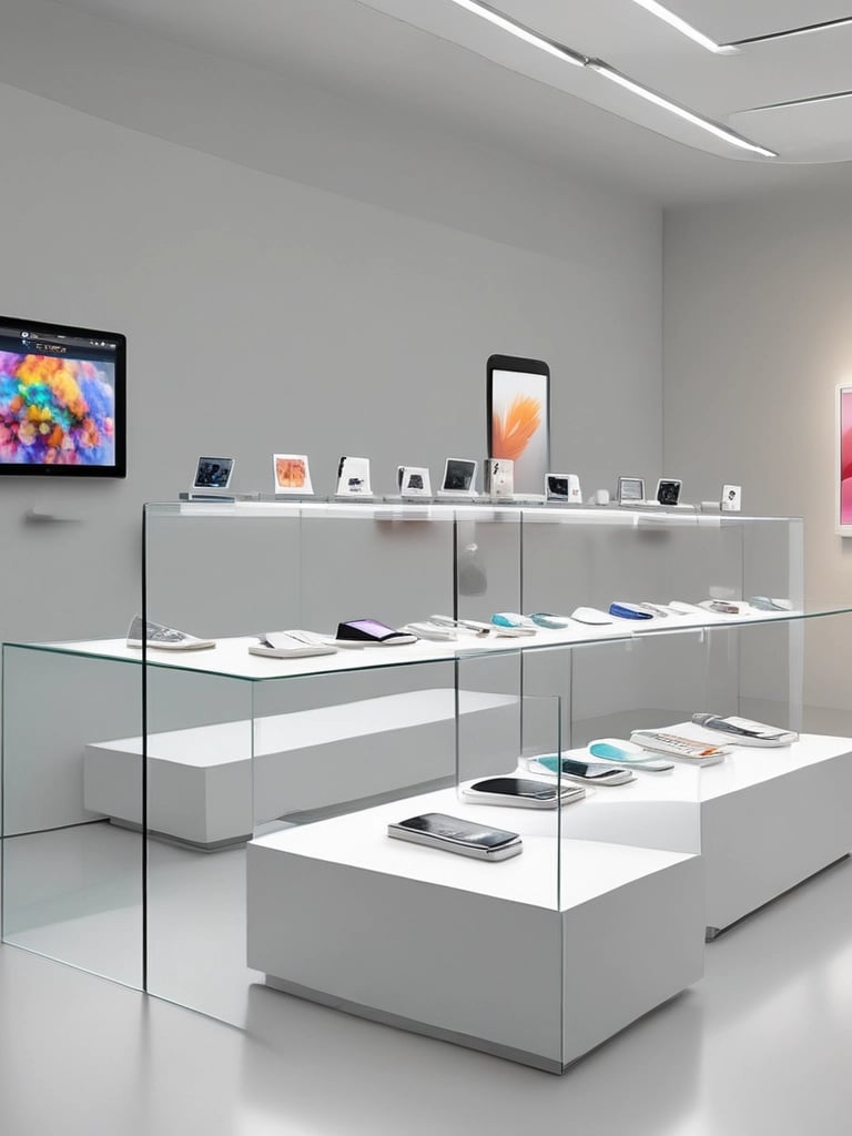 The image features a modern electronics store interior with wooden tables displaying various laptop models. Several people are present, some trying out devices while others converse. Large promotional images of smartwatches and smartphones are visible on the walls, adding to the store's sleek and innovative atmosphere.