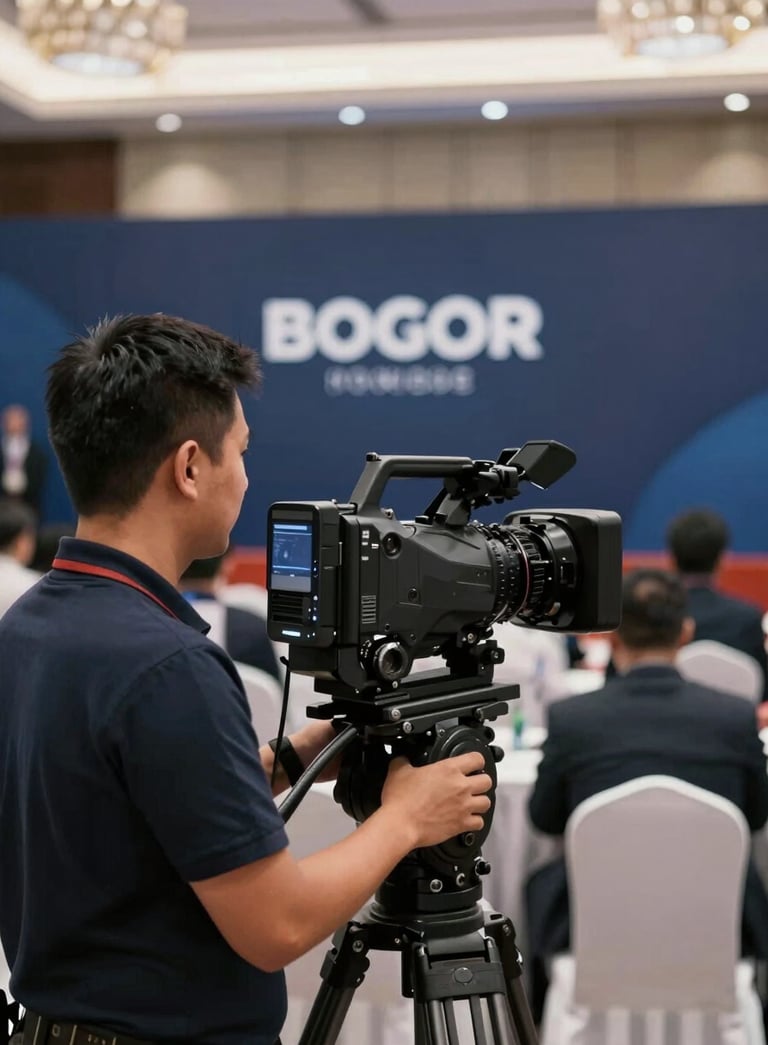 A professional cameraman operating a large broadcast camera at a high-profile hybrid meeting in Bogor. The background shows a blurry corporate event hall with modern lighting and the brand palette's deep navy (#0E1C28) tones.
