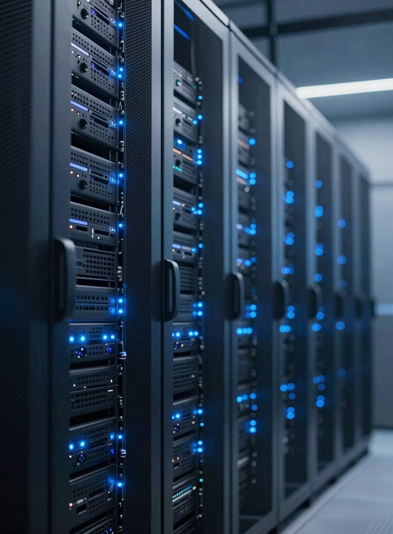 A sleek, cinematic shot of a modern server room aisle with glowing blue LED indicator lights (#2C5F6F) on dark metallic server racks, emphasizing professional reliability and cutting-edge technology.