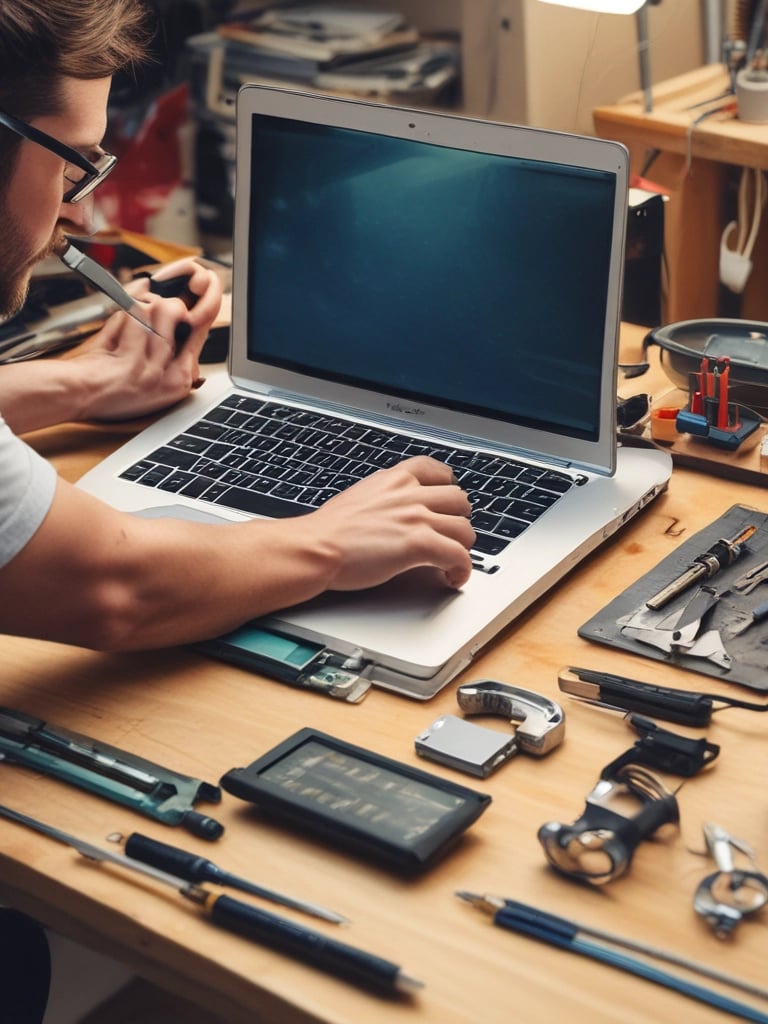 A person is repairing a smartphone with a damaged screen. They hold a screwdriver while wearing an anti-static wristband.