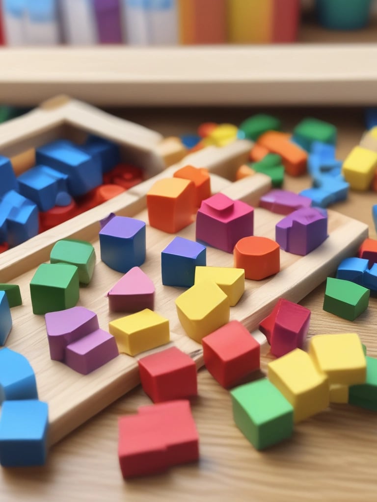 A child wearing a green shirt is sitting at a table, interacting with a tactile toy. The toy consists of a wooden board with several blue circular frames containing different textured materials like fabric and sandpaper. The child is focused on touching these textures.