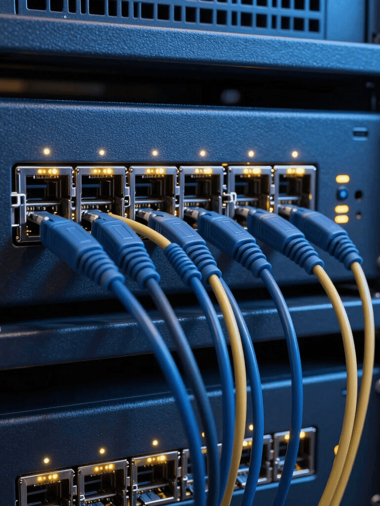 Un primer plano cinematográfico de cables de red y un router profesional con luces LED parpadeando en una sala de servidores moderna en América Latina, tonos azul marino y oro.