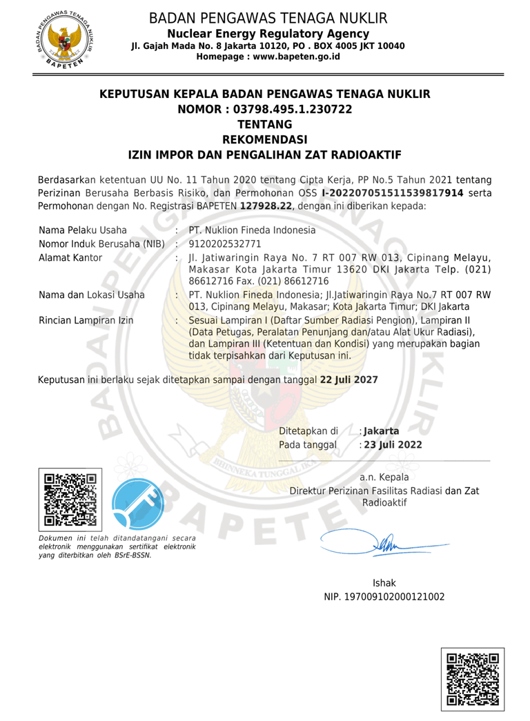 Otorisasi impor dan pengalihan bahan radioaktif yang diterbitkan untuk PT Nuklion Fineda Indonesia