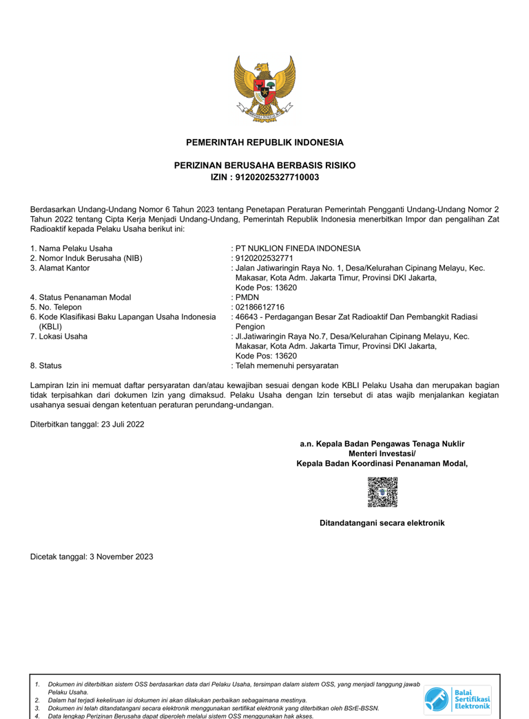 Sertifikat perizinan usaha berbasis risiko PT Nuklion Fineda Indonesia