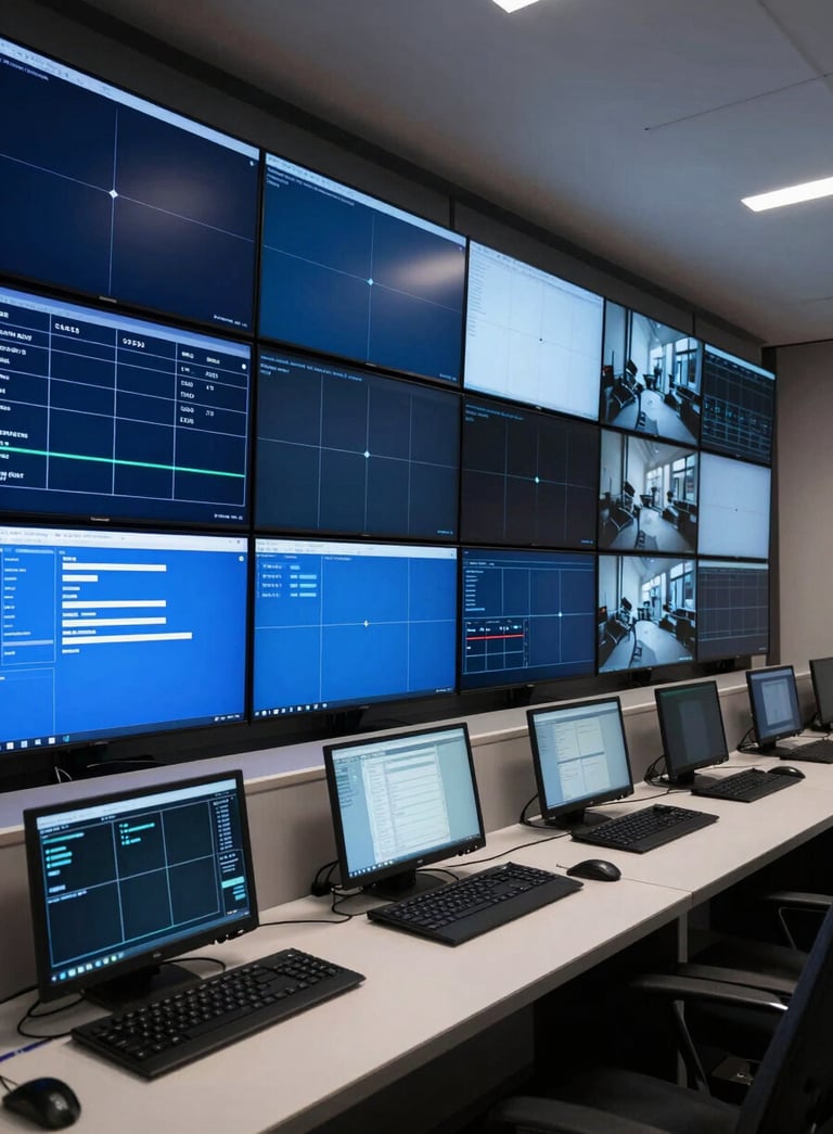 A wide photography shot of a professional security monitoring station in a International English office, featuring several wall-mounted screens displaying navy blue and steel blue interfaces, sleek and high-tech atmosphere.