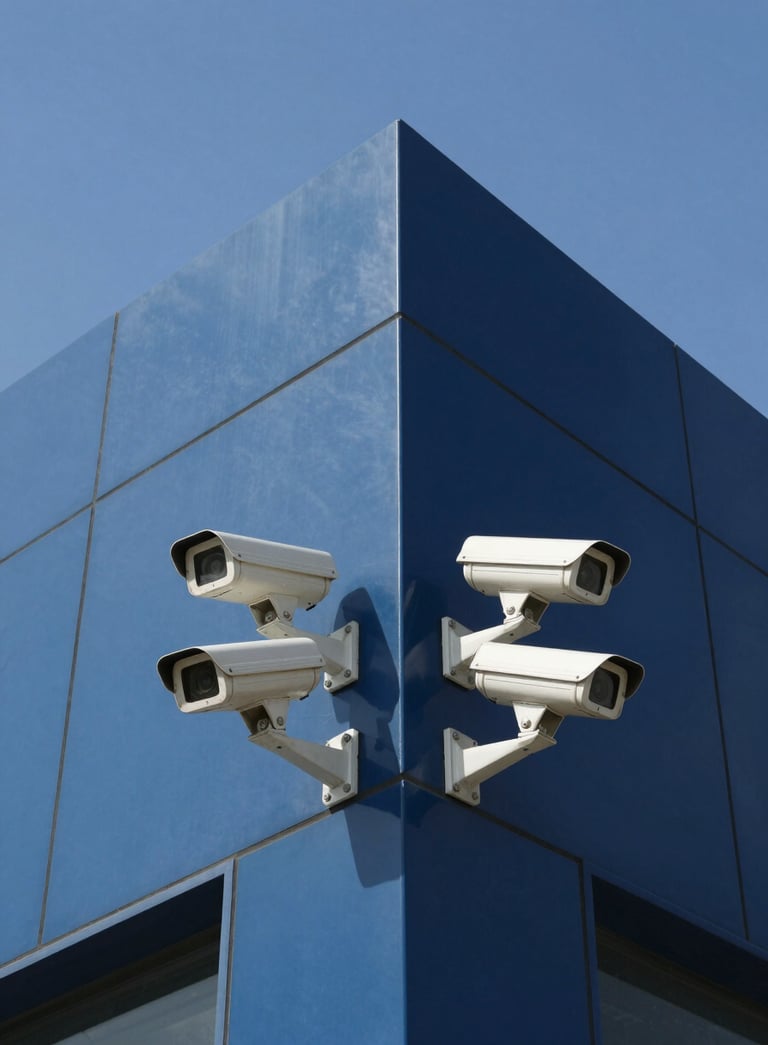 A high-angle professional shot of multiple security cameras installed on the corner of a modern architectural building in Riyadh, clear blue sky, sleek design, authoritative feel, incorporating Navy and Steel Blue colors.