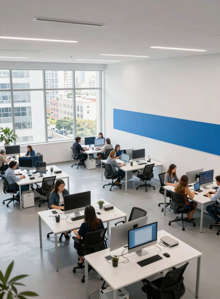 An aerial wide shot of a bright, minimalist tech workspace in a Brazilian urban center, with teams collaborating around white desks, large windows with soft daylight, Alice Blue accents in the decor.