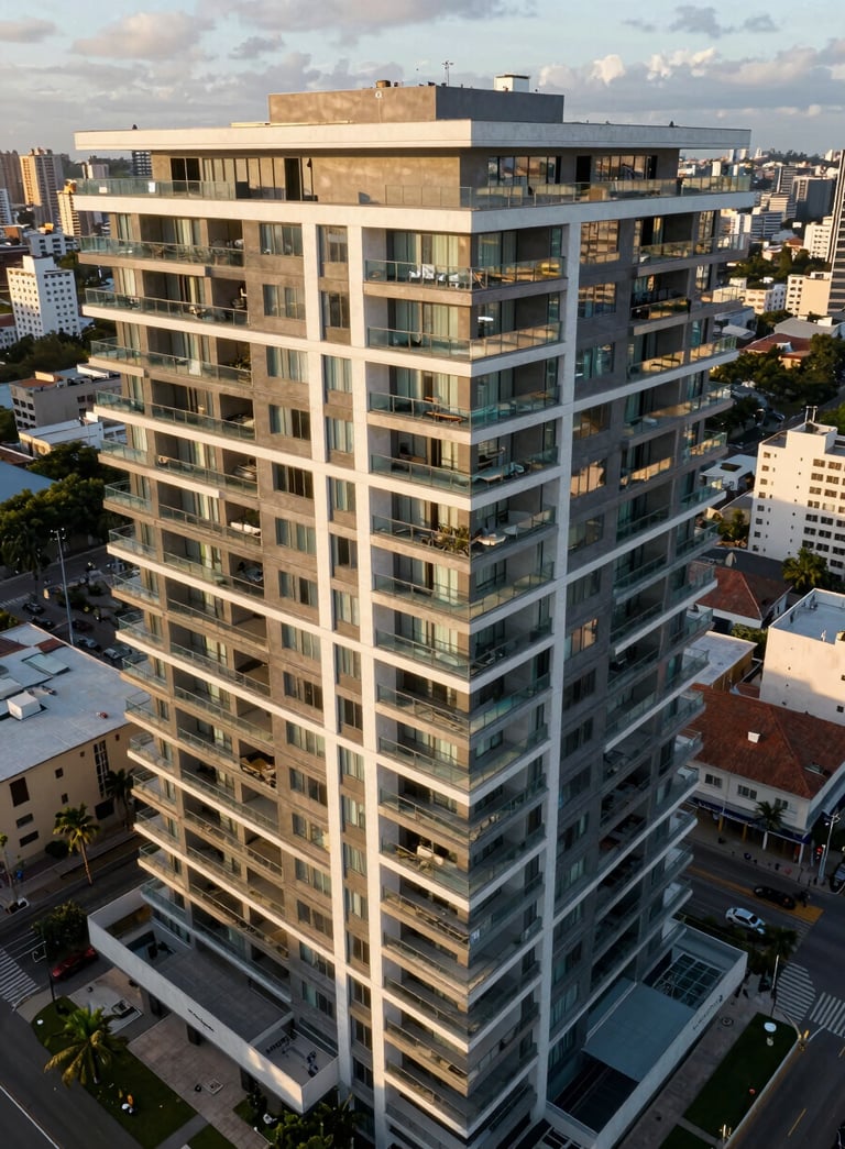 An aerial wide shot of a contemporary luxury condominium building in a South American urban setting, clean lines, glass balconies, during golden hour.