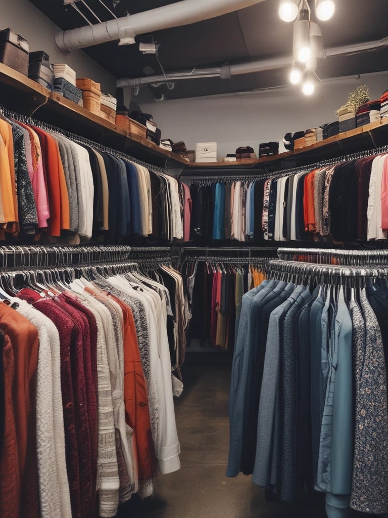 A storefront display featuring three mannequins dressed in stylish clothing. The left mannequin wears a patterned trench coat with various designs, the middle one is dressed in a checkered suit, and the right one is in a black outfit with a red scarf and matching red bag. Flanking the mannequins, shelves display a variety of handbags in different colors and styles, along with some boxed items. The background features the brand's name in a bold, illuminated sign above the display.
