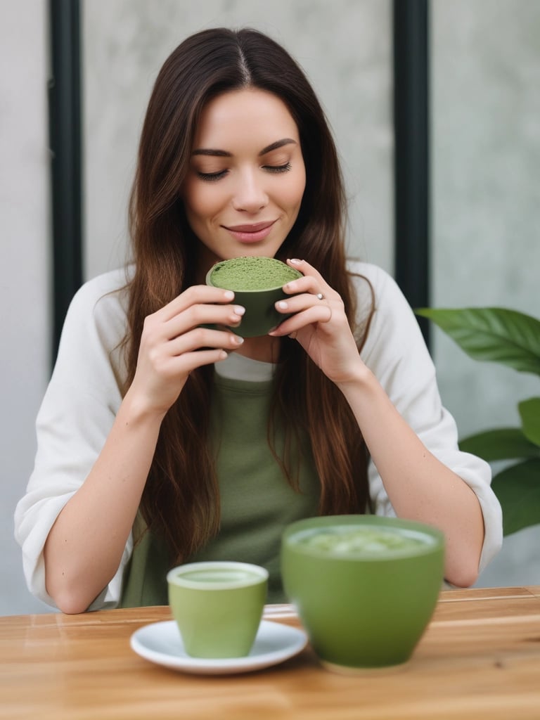 A stylish woman doing yoga outdoors with a matcha smoothie beside her.