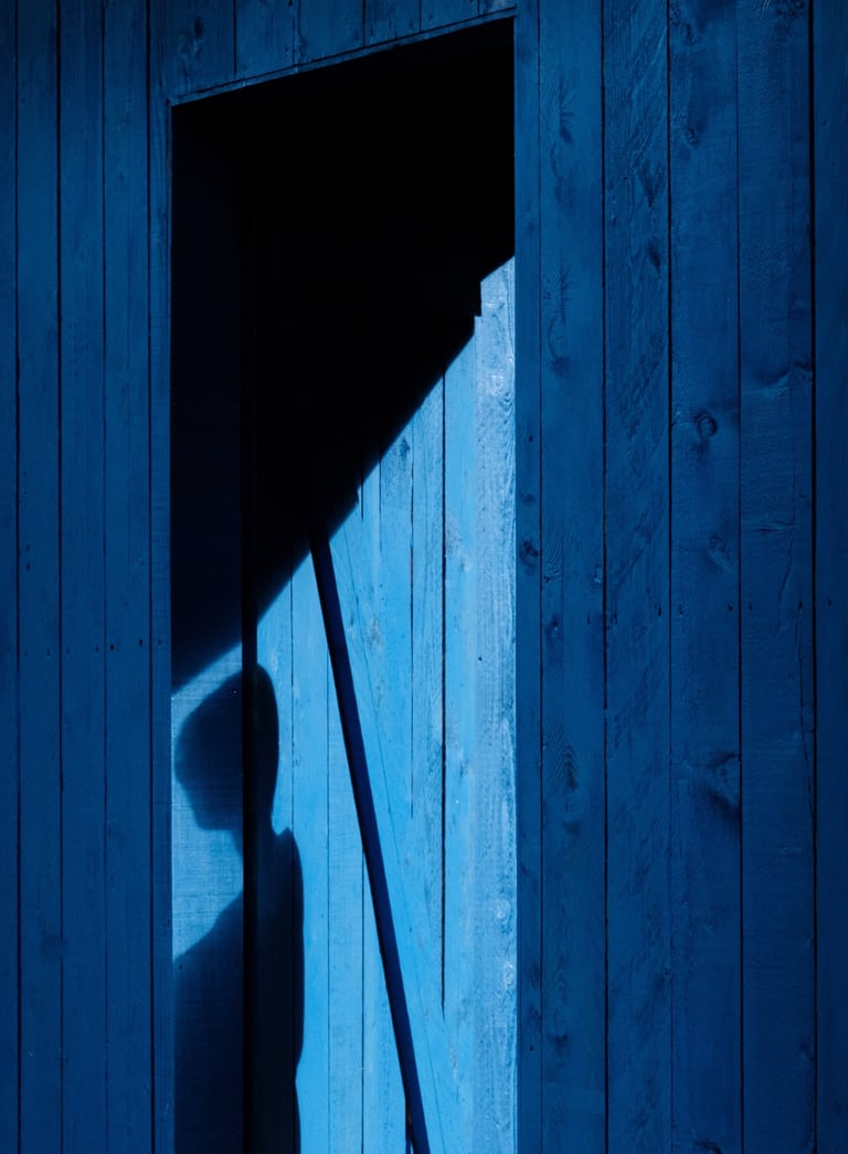 une ombre sur une porte bleue au château de chaumont