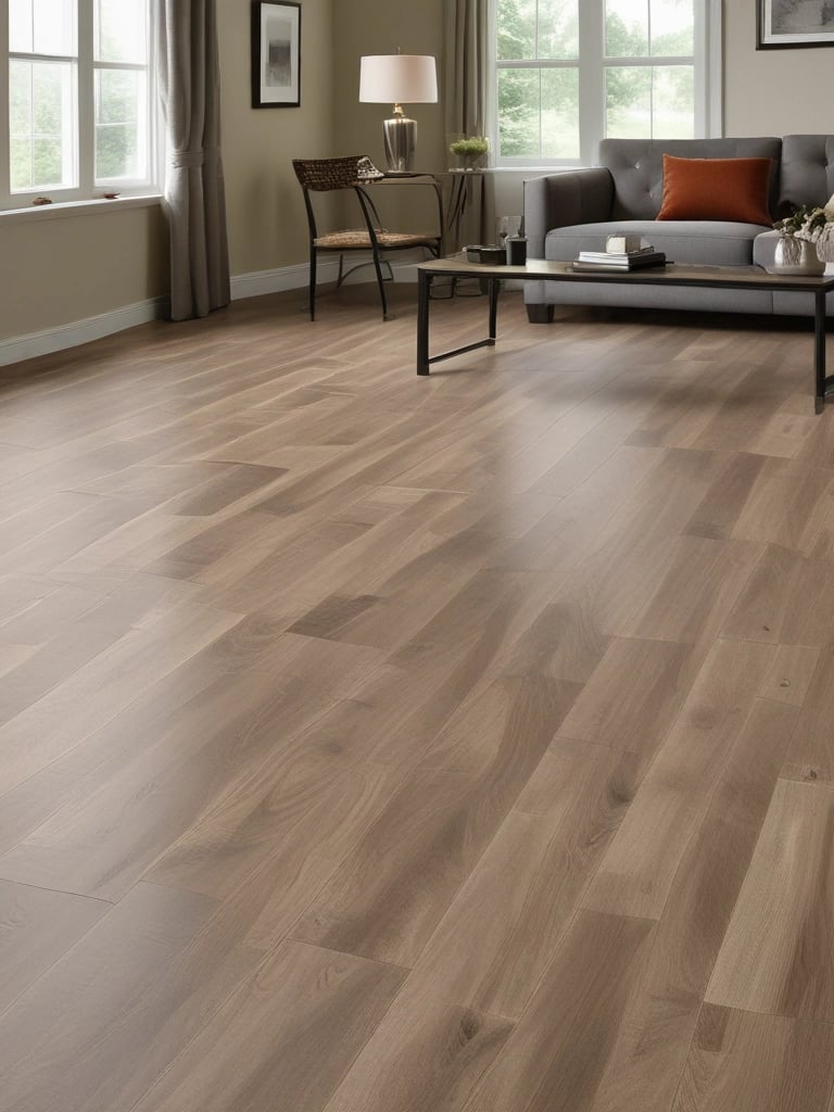 Four wooden planks are lying on a wooden floor. The planks have a natural, rustic finish, and two of them have screws partially embedded. The floor has a variegated pattern with a mix of light and dark brown tones.
