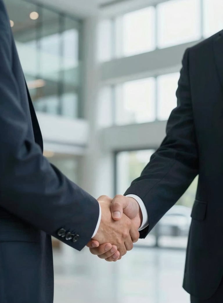 A professional close-up of two business partners in suits shaking hands in a bright, modern glass-walled lobby, conveying reliability and mutual success.