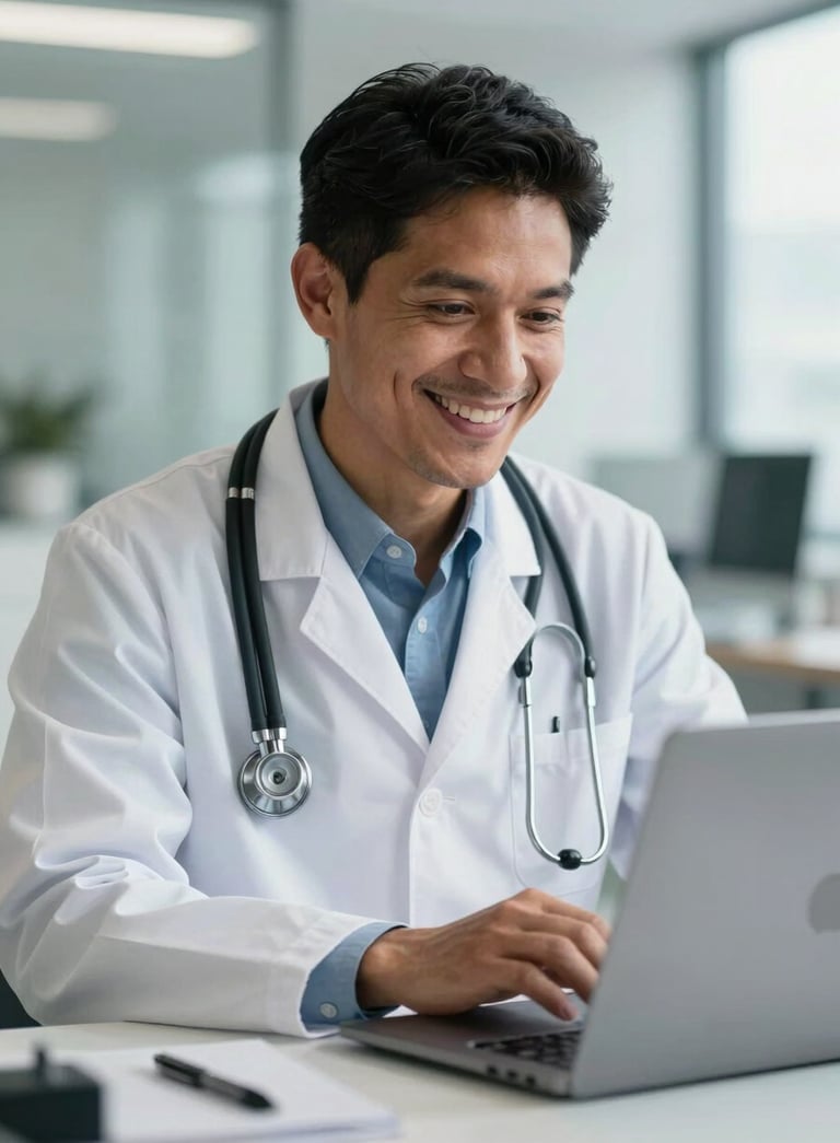 A professional South American doctor smiling warmly in a bright, modern medical office setting, wearing a white coat and stethoscope, looking into a laptop screen with confidence.