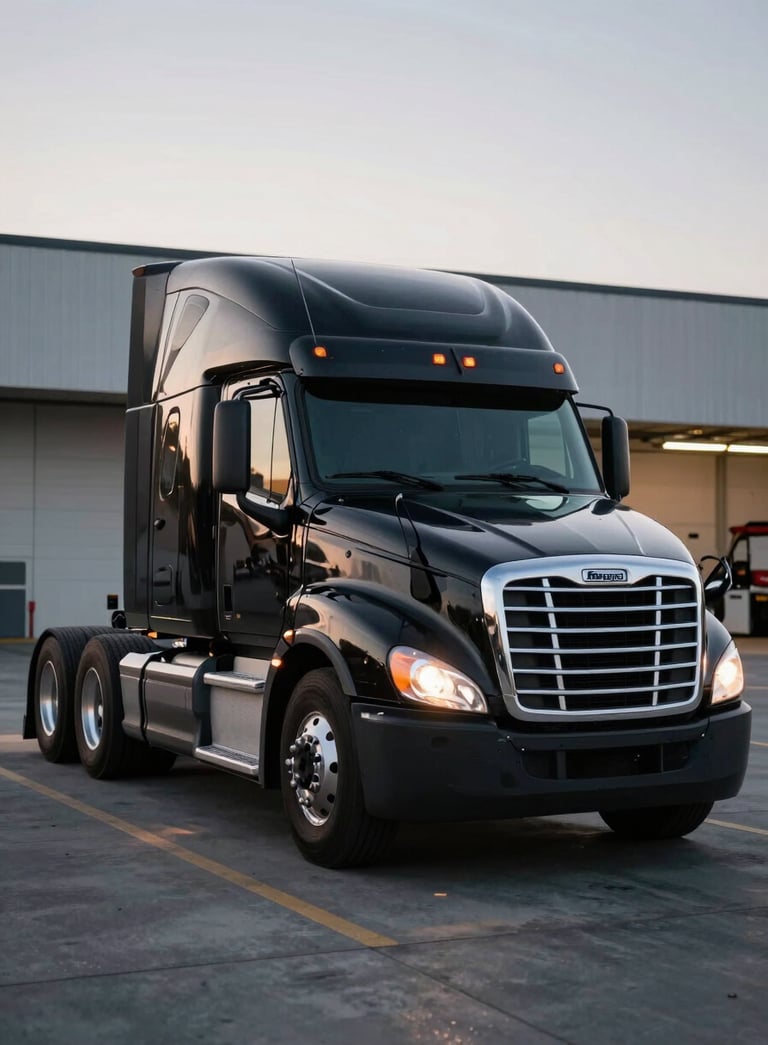 A sleek, black Freightliner semi-truck parked in a modern North American logistics hub at dusk, dramatic lighting highlighting the chrome accents, professional and bold photography.