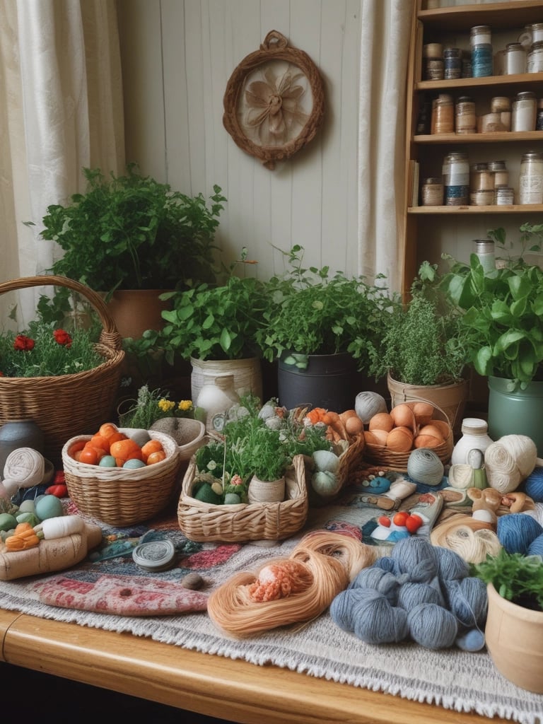 A cozy room with potted plants, crafts and sewing supplies on a table and  on wall shelves