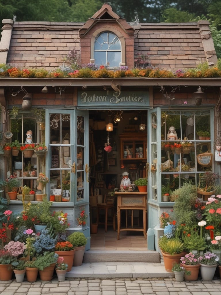 An inviting cottage store with open double glass doors, graced with flowing pots and plants