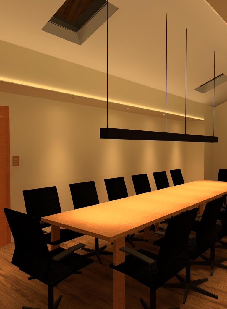 Sala de reuniones con luz suspendida y led indirecto en muros