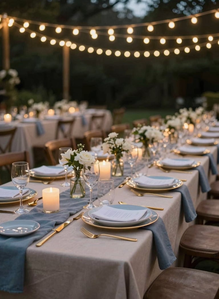 A high-end outdoor evening gala in North America, featuring long tables with beige linens, gold cutlery, and slate blue accents under elegant string lights.