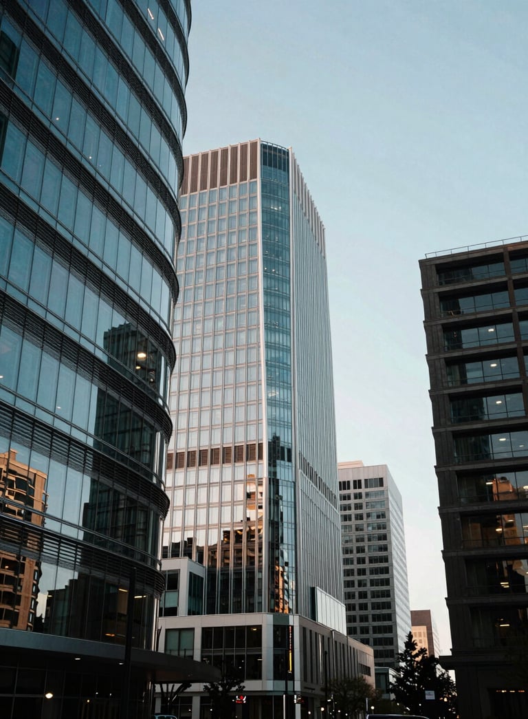A visionary architectural view of a contemporary North American / US innovation hub, with sleek lines and glass facades reflecting a soft blue sky. The atmosphere is impactful and trustworthy, emphasizing a forward-thinking mission.