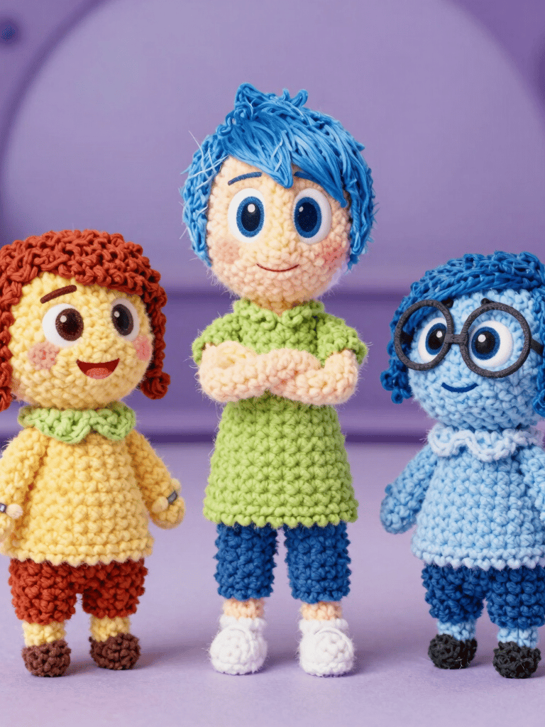 Close-up of colorful handmade amigurumi dolls arranged on a wooden table