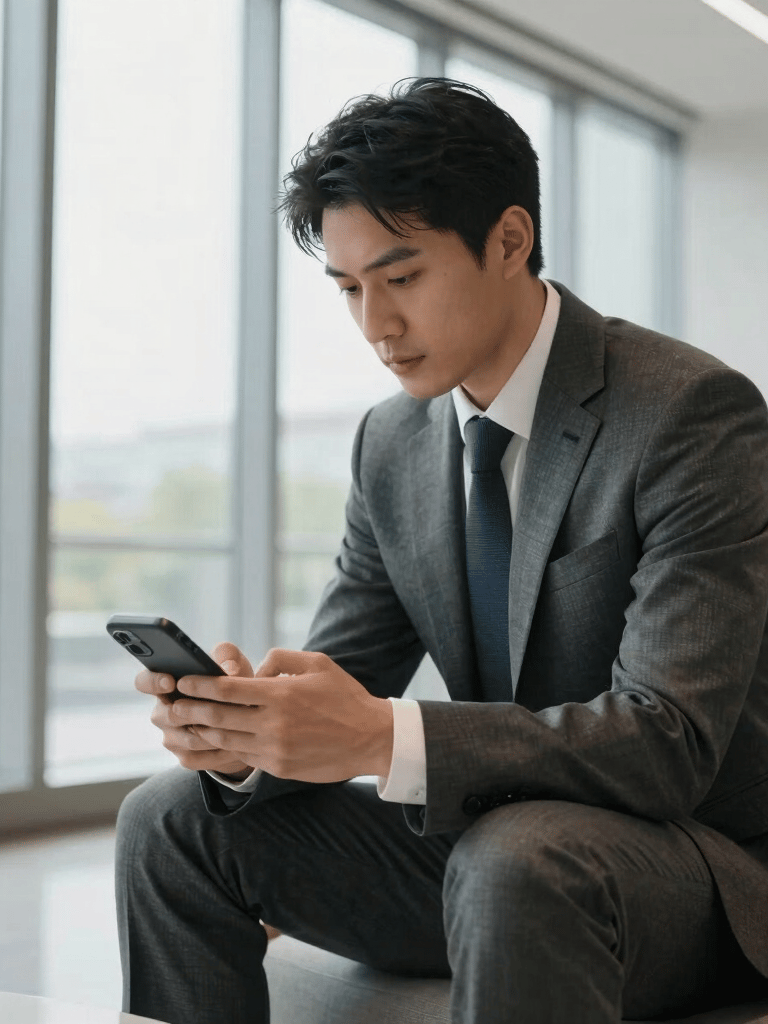 A focused North American professional in a tailored dark grey suit uses a smartphone while sitting in a bright, modern lobby with floor-to-ceiling glass windows.