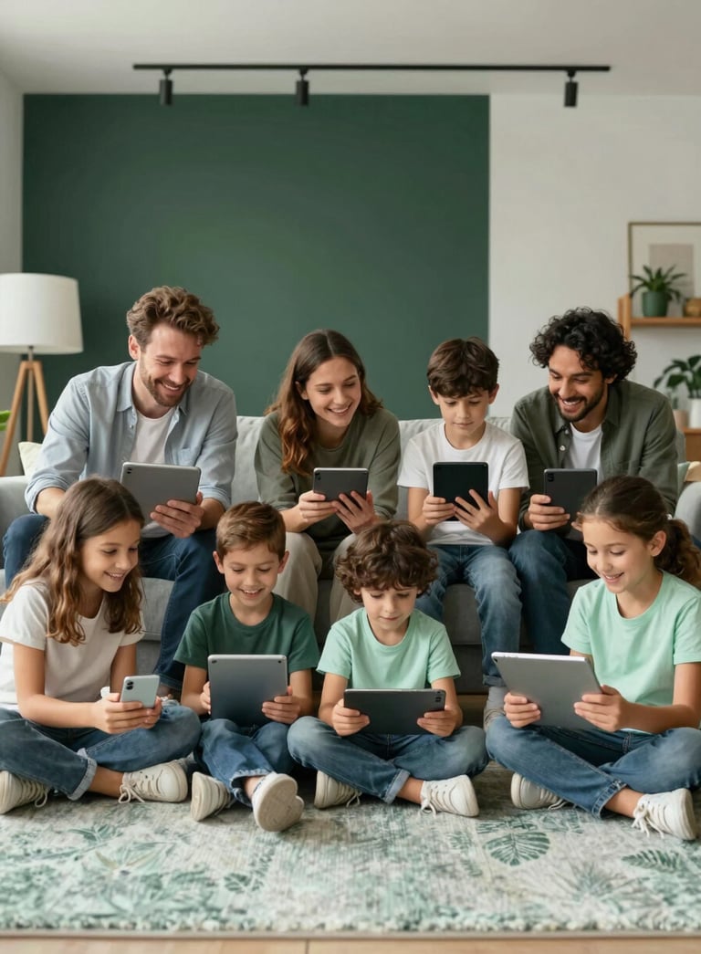 A wide shot of an International / Global family in a modern living space, smiling and interacting with several tablets and phones. The lighting is soft and natural. Accents of Dark Forest Green and Pale Mint Green appear in the decor, creating a user-friendly and approachable mood.