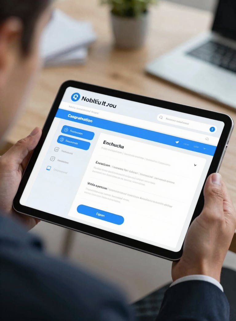 A close-up of a professional in business attire in a North American setting, holding a tablet showing a clean, modern educational interface with light blue accents.