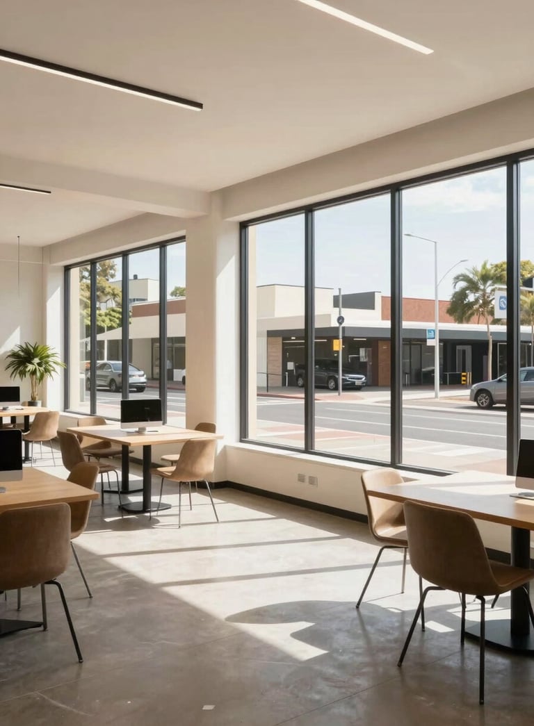 A wide-angle photography shot of a bright, clean, and modern Australian coworking space with large windows overlooking a sunlit street. The style is professional and trustworthy with light cream and tan tones.