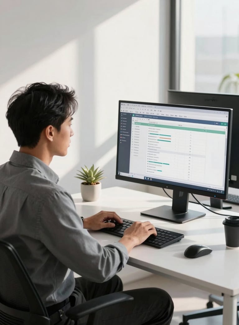 A professional business consultant in modern attire working at a clean, minimalist workstation with dual monitors showing organized workflows, located in a bright North American office space with soft morning sunlight.