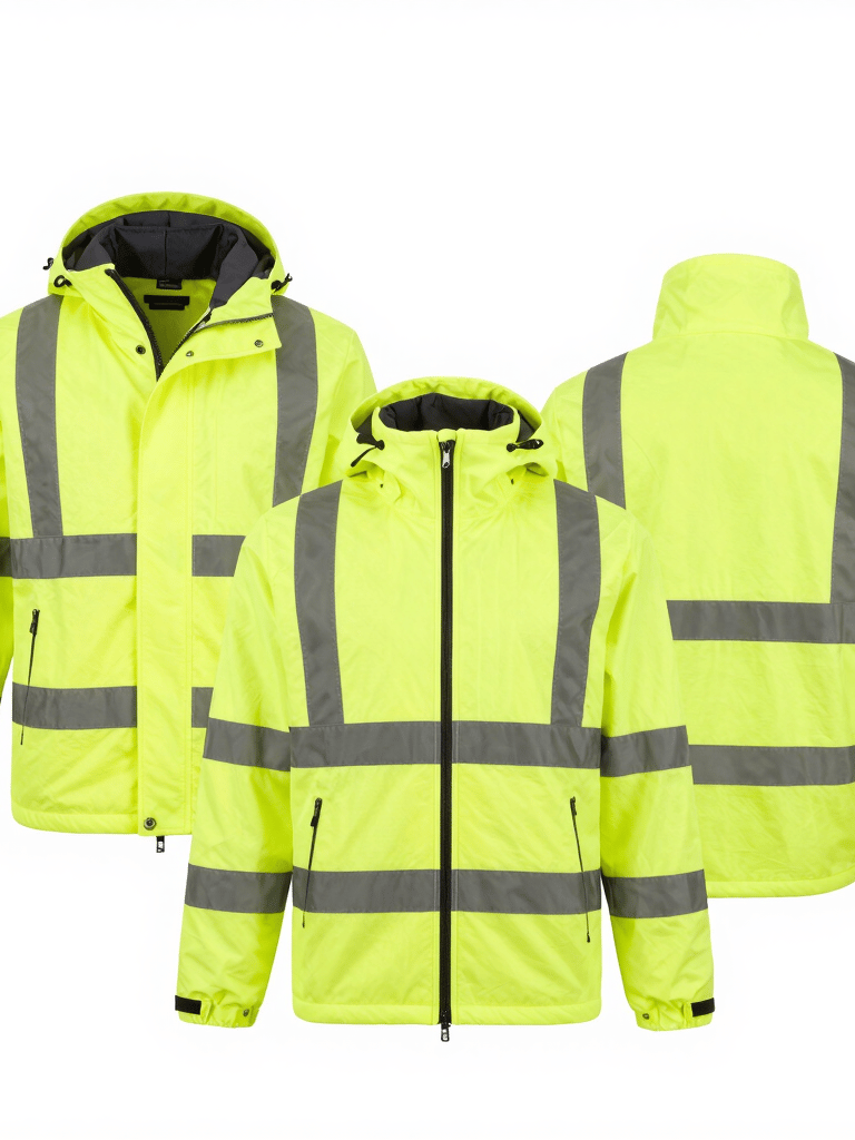 High-visibility safety jacket hanging on a wooden fence in natural light