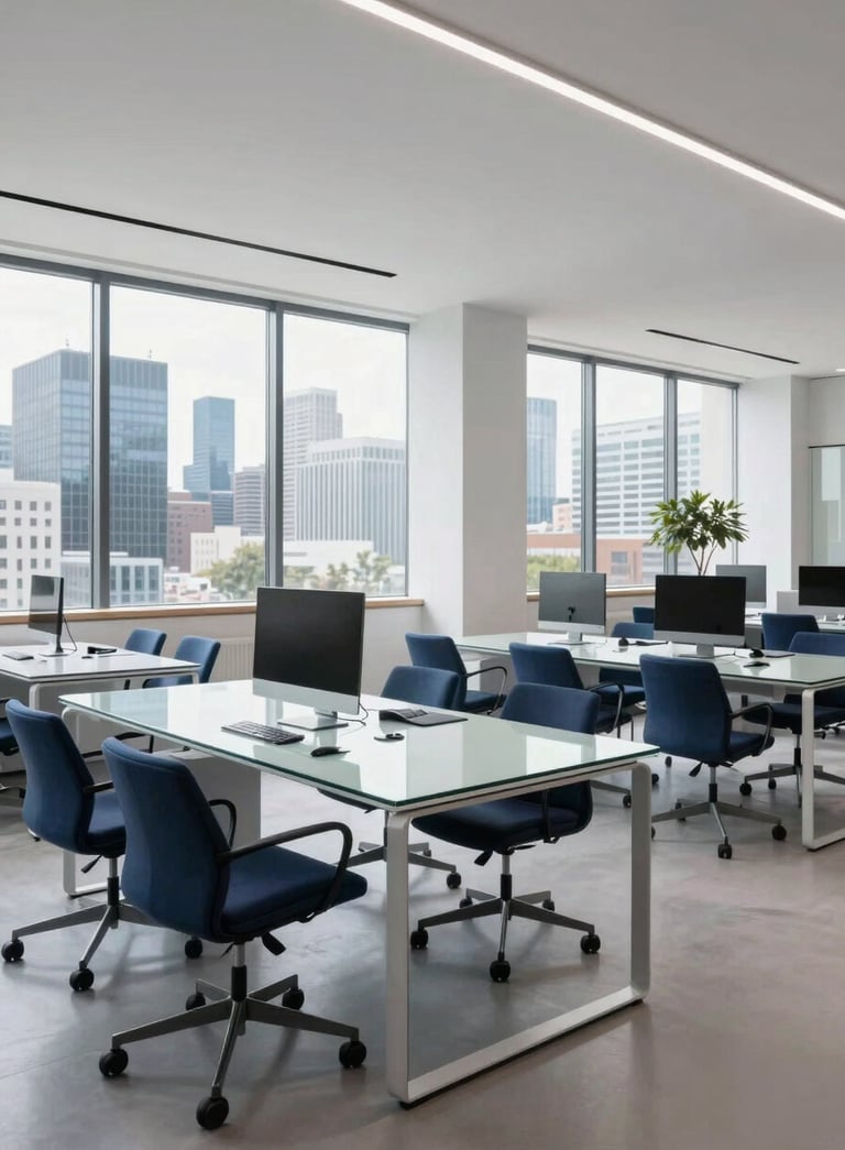 A wide shot of a bright, contemporary tech workspace in Eastern European / Tech style, featuring minimalist glass tables and navy blue accents, with large windows overlooking a modern skyline.