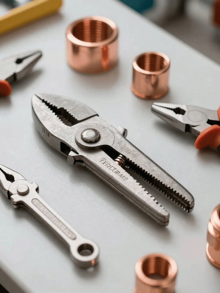 Professional plumbing tools laid out neatly on a clean workshop surface. A pipe cutter, pliers, and copper fittings are visible under soft, natural daylight. The aesthetic is organized and modern. Western European / French style.