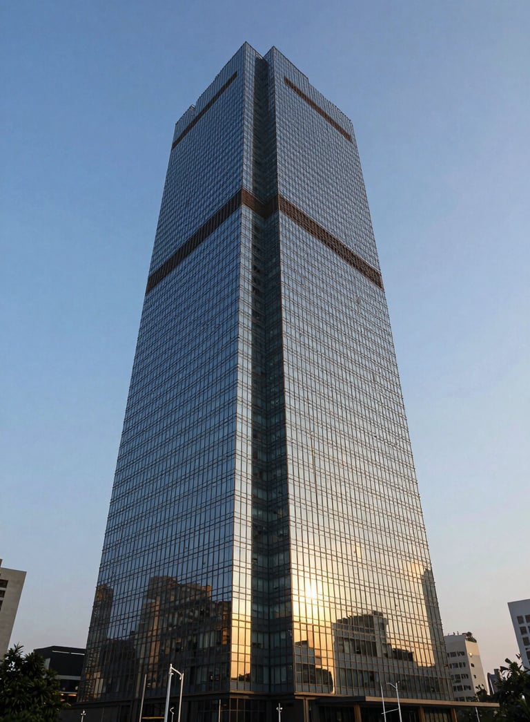A sharp, wide-angle architectural photograph of a modern glass-fronted luxury skyscraper in Gurgaon under a clear slate blue sky. The building reflects the warm glow of sunset, conveying a sense of premium value and professional expertise.