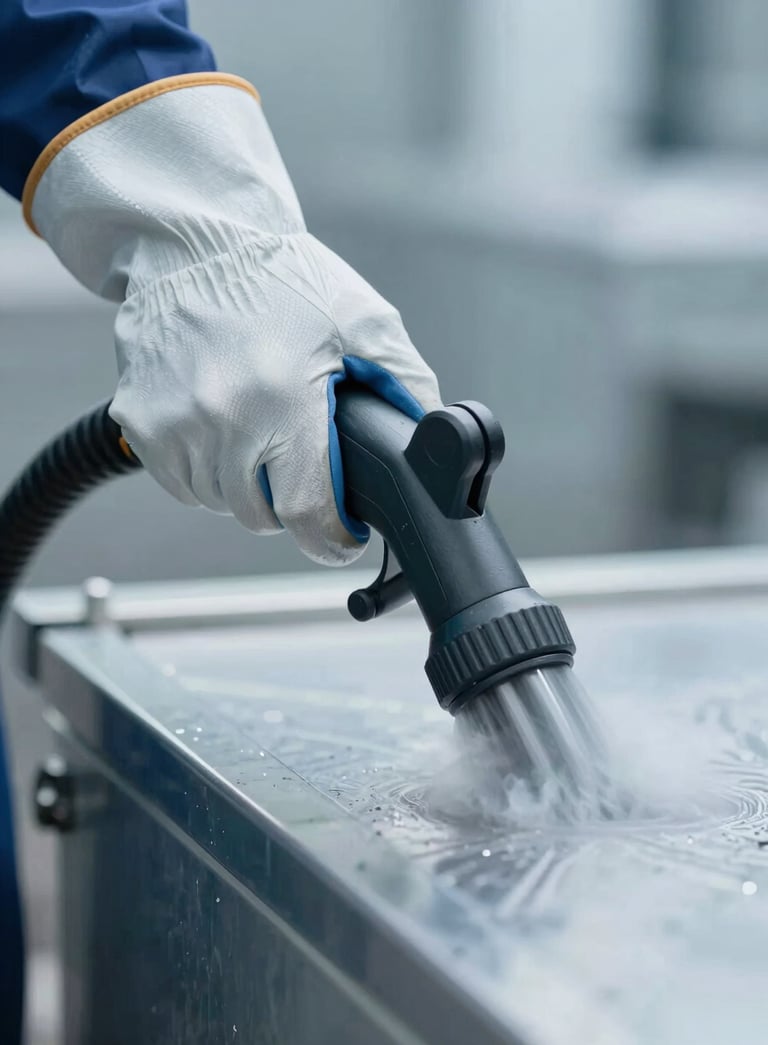 Close up of an industrial worker's hand in a protective glove holding a professional steam cleaner against a metallic surface. Colors include #B0C4DE and #5D7A8F. High precision photography.