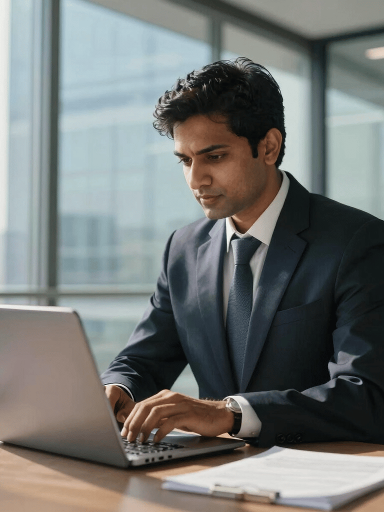 A confident South Asian / Indian business consultant in a professional dark navy suit, working on a laptop in a modern glass-walled office with sky blue highlights and natural sunlight.