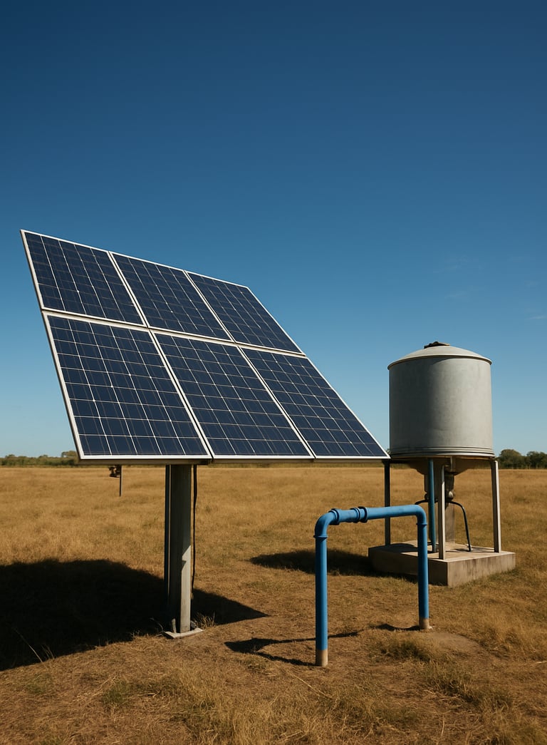 A wide-angle photography shot of a modern solar-powered borehole system in an open field, featuring solar panels and a distribution tank, blue sky, professional and authoritative tone, International / Professional.