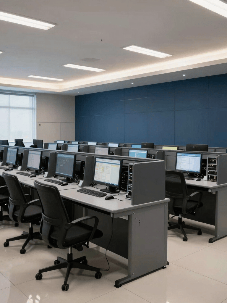 A wide-angle professional photograph of a modern telecommunications control center in South America, showing sleek equipment racks and a clean, organized workspace with soft natural light and dark blue accents.