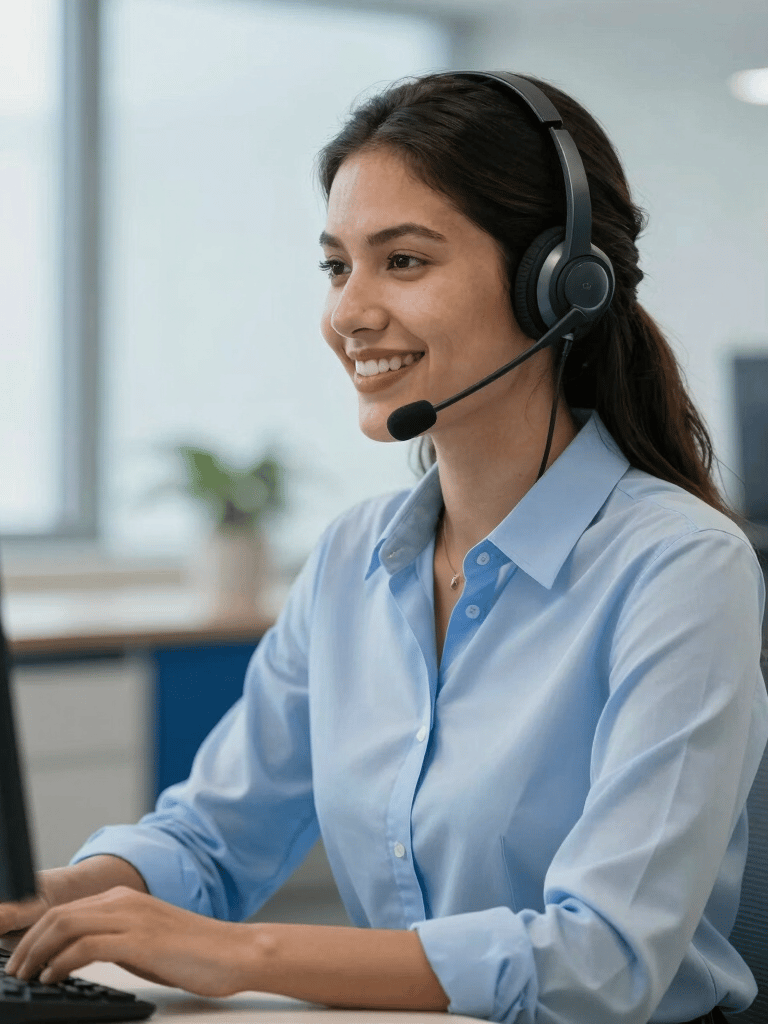 A smiling South American / Brazilian customer service representative wearing a modern headset, sitting in a bright professional office with very light blue and medium blue accents.