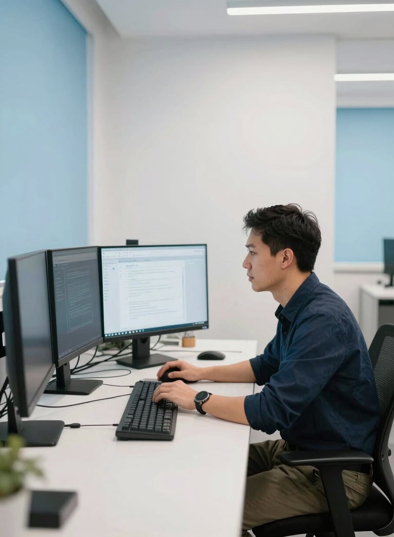 A professional developer in a modern North American / US office setting, focused on a workstation with multiple monitors. The environment features Mist White walls and subtle Sky Blue accents, reflecting a clean and innovative workspace.