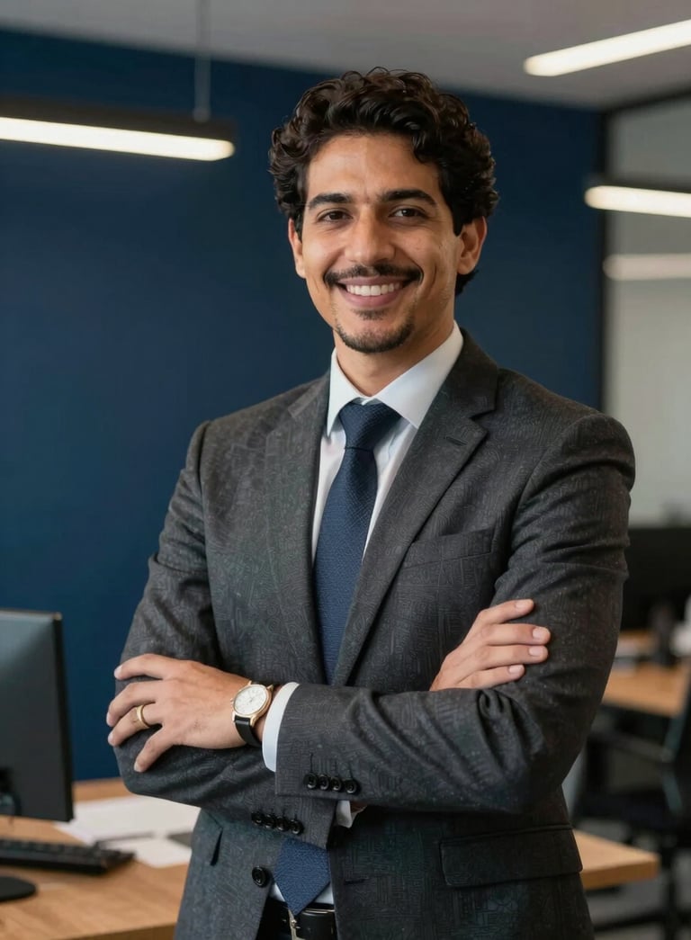 A professional portrait of a welcoming accountant in a modern South American / Brazilian office setting, dressed in business attire with dark navy blue background elements.