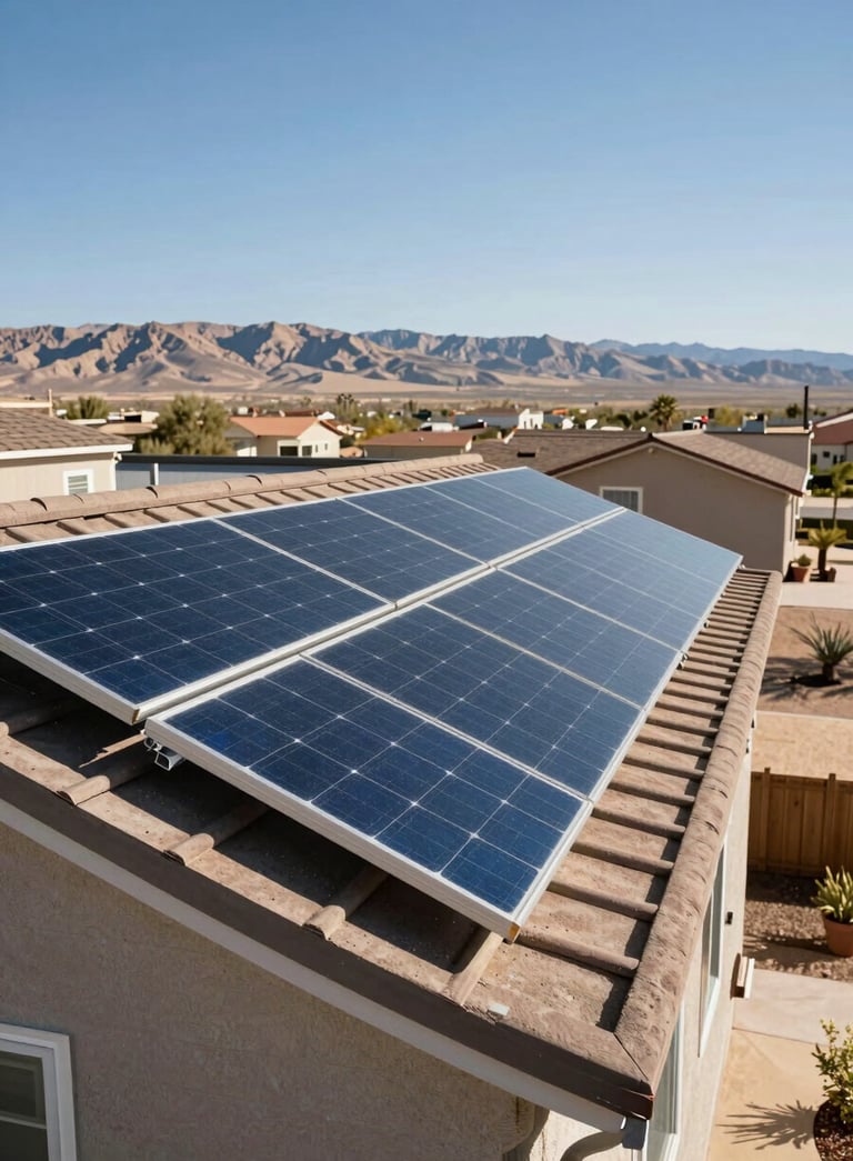 Clean, modern solar panels installed on a residential roof in a North American / US desert valley, clear blue sky, crisp lighting, high professional quality photography.