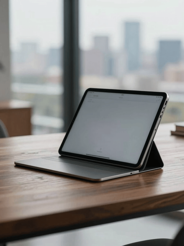 A minimalist, high-end North American home office setup with a sleek tablet on a polished wooden desk, soft natural light, and a blurred view of a city skyline in the background.