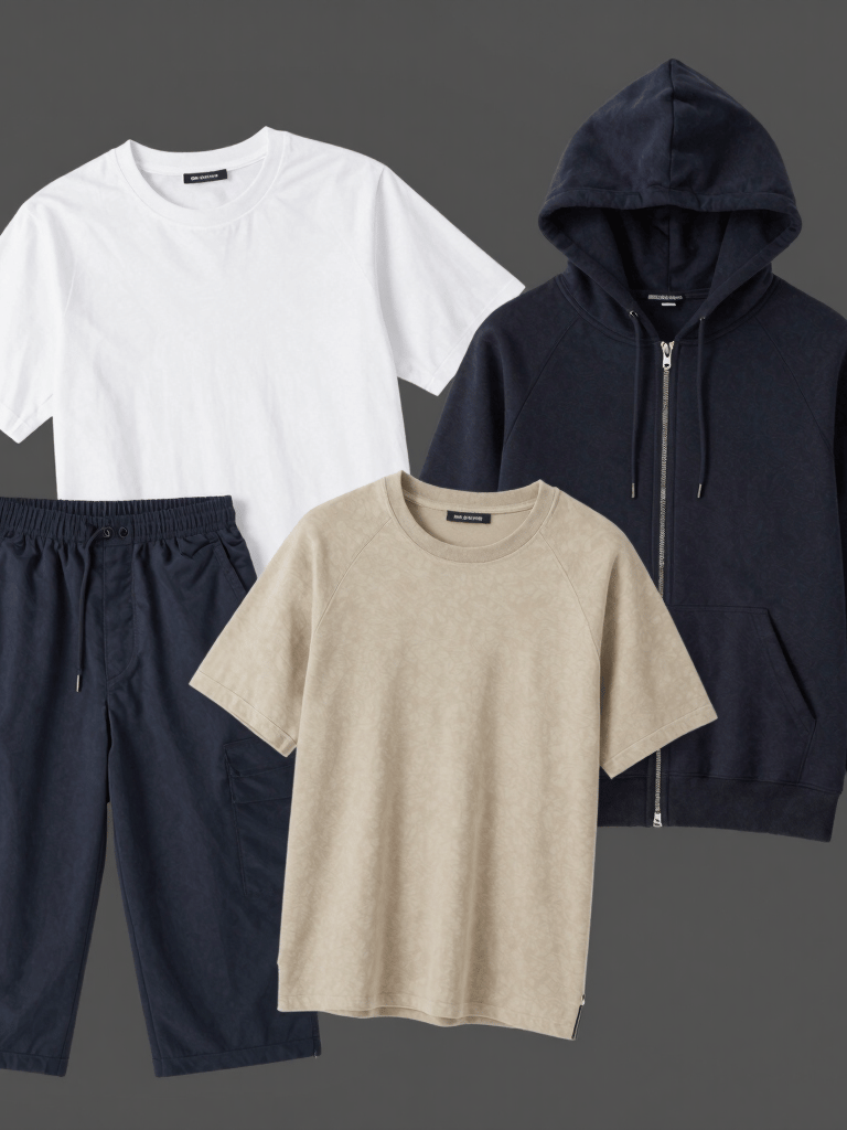 A cozy, stylish outfit laid out on a wooden table with warm lighting.
