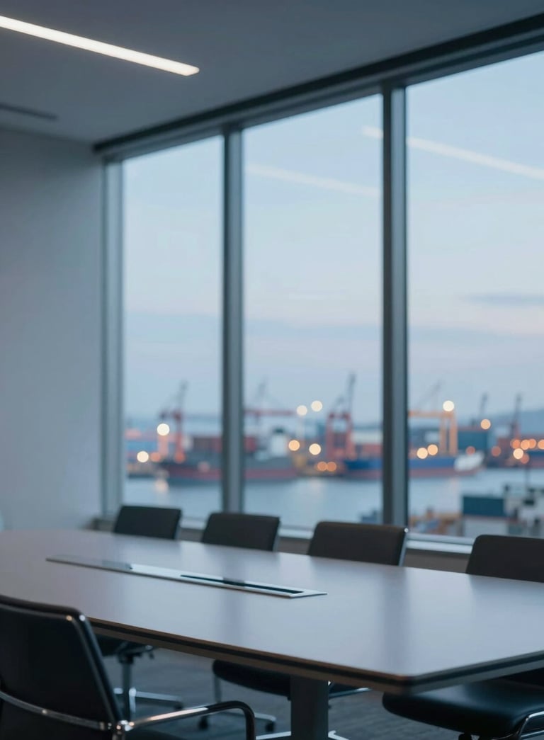 A modern, sophisticated glass-walled conference room overlooking a strategic logistics port at twilight, lighting and tones following the #263238 and #546E7A brand palette.