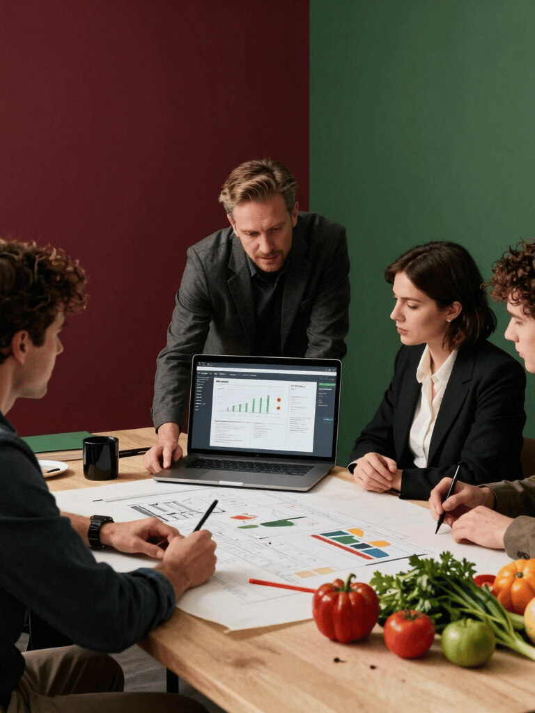 A professional North American marketing team in a cozy studio with deep ripe crimson and matte forest green decor, collaborating over a digital strategy on a parchment-colored table with fresh organic produce nearby, sophisticated and professional photography.