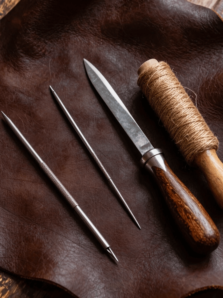 A top-down professional photograph of artisanal leatherworking tools, including a needle, thick thread, and a cutting knife, resting on a dark coffee brown leather hide in a sunlit South American workshop.