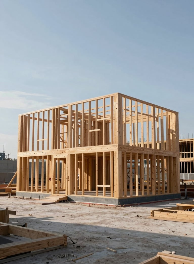 A minimalist, wide-angle shot of a modern residential construction site with clean wooden frames under a clear sky, emphasizing precise planning and sophisticated architecture.