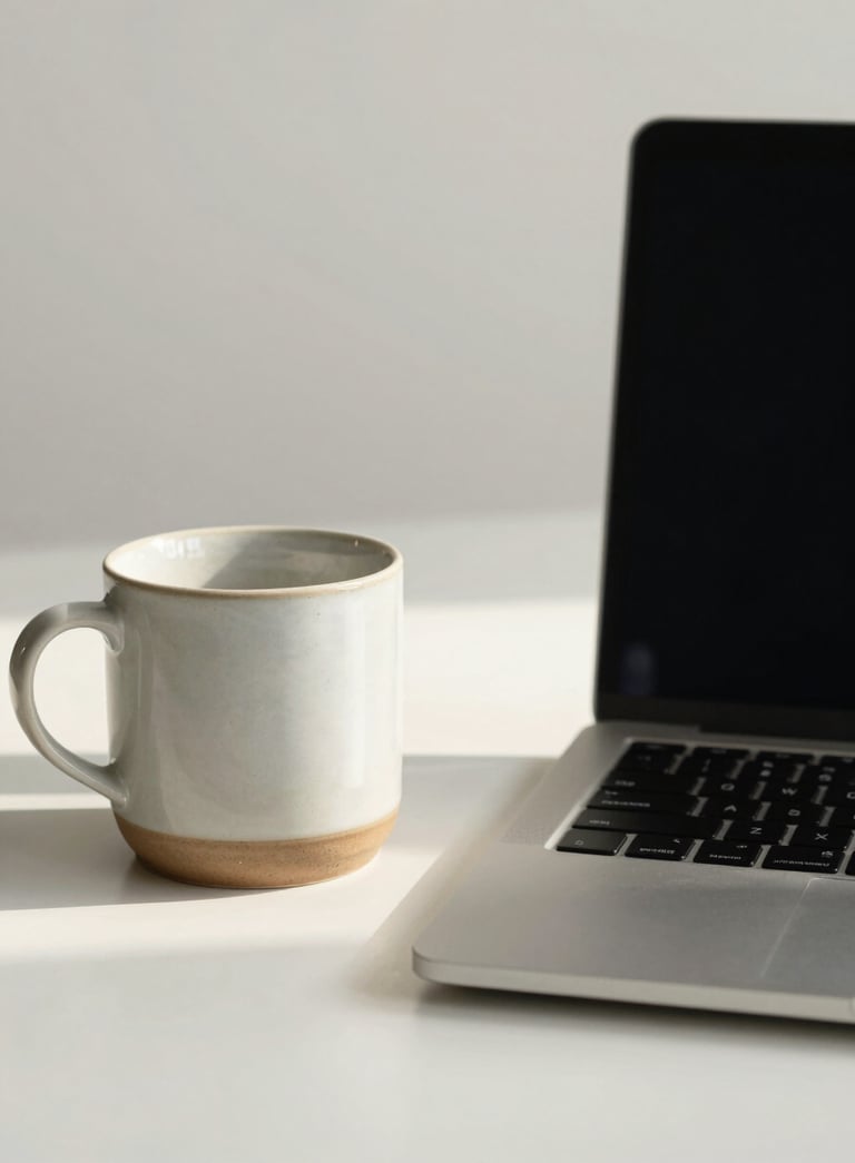 A minimalist North American / European workspace featuring a single ceramic cup and a sleek laptop on a soft off-white surface, bathed in natural morning light, creating a calm and professional atmosphere.
