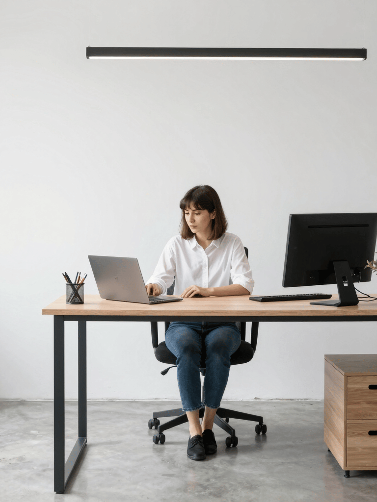 A modern and clean digital workspace with a laptop, a smartphone, and a minimalist ceramic mug. Soft blue and white accents throughout the desk. Spanish-speaking / Global.